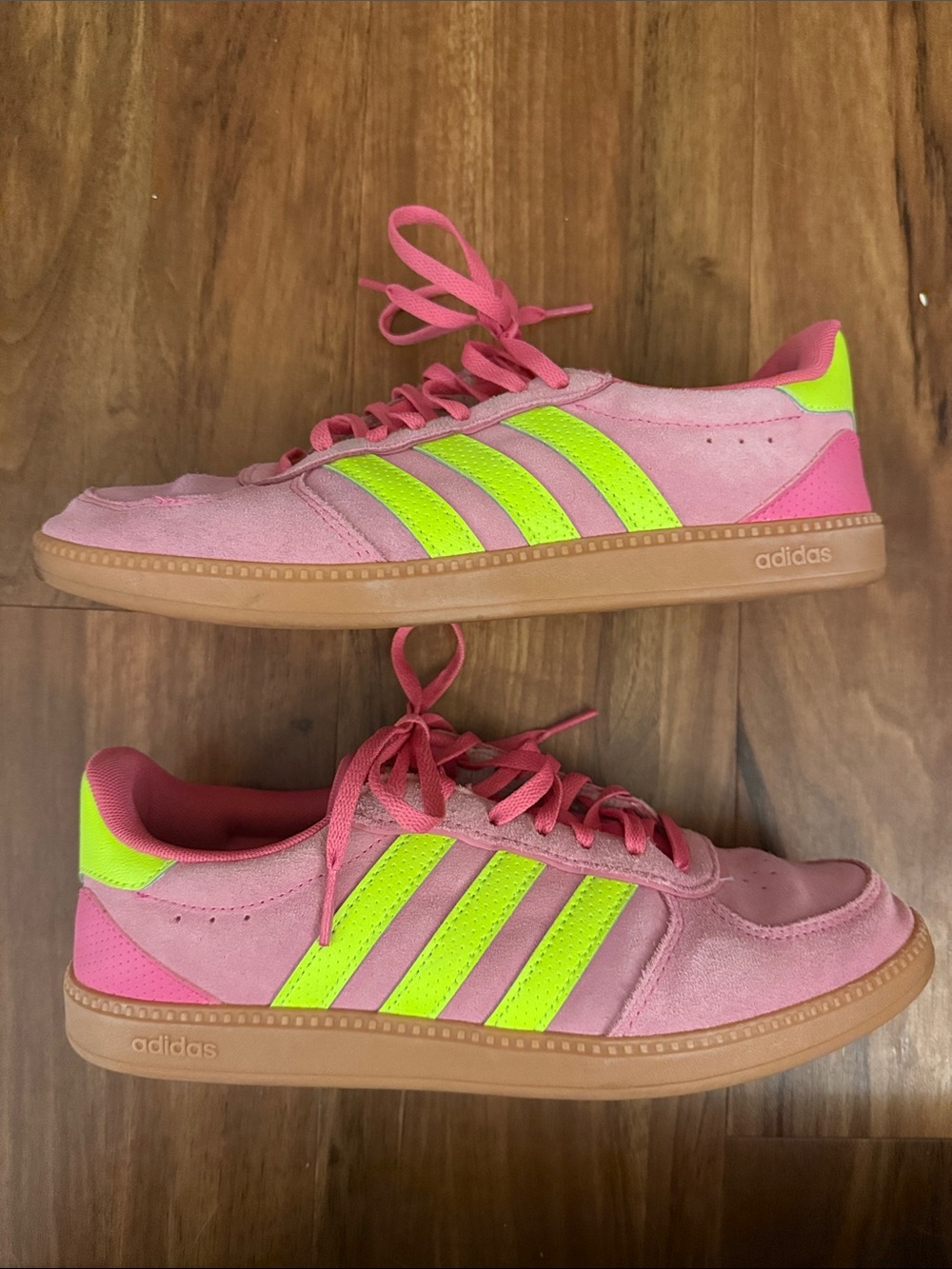 adidas Women’s Pink Suede Sneakers with Neon Yellow Stripes